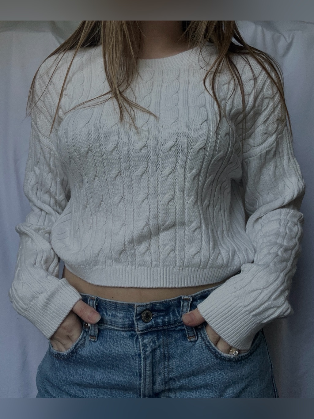 Hollister White Cable Knit Crewneck Sweater